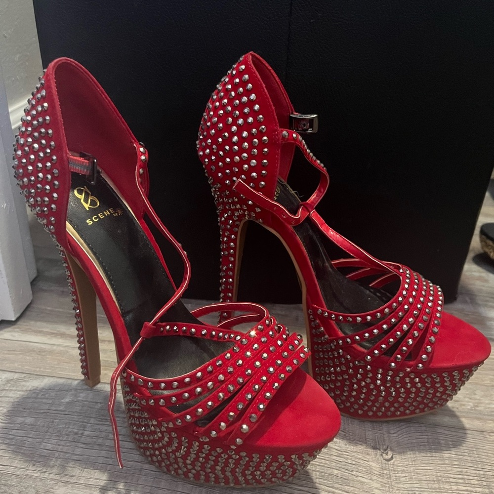red bedazzled heels
